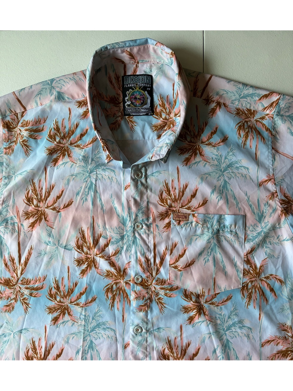 DIXXON Pastel Blue & Pink Palm-Print Short Sleeve Button-Up Size 2X Large